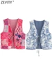 Zevity Women Vintage V Neck Patchwork Floral Print Quilted Cotton Vest Jacket Ladies Retro Lace Up Slim WaistCoat Tops CT6267 1