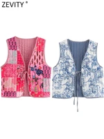 Zevity Women Vintage V Neck Patchwork Floral Print Quilted Cotton Vest Jacket Ladies Retro Lace Up Slim WaistCoat Tops CT6267 1