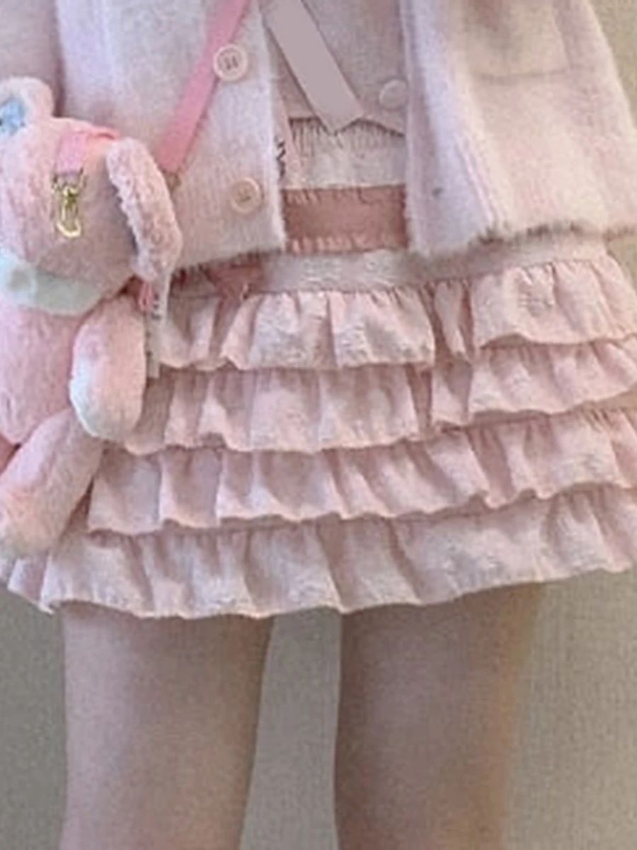 

New Fashion Womens Lolita Mini Skirts Cute High Waist Side Bow Layered Ruffle Hem A-Line Skirts Short Skirts Hot Sale