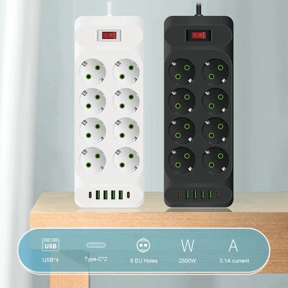 Power Strip EU Plug AC Outlet Multitap Power Strip 2m Extension Cord Electrical Socket Smart USB Home Office Surge Protector Network Filter