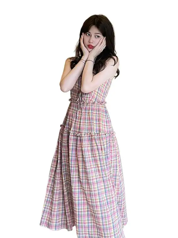 

Summer Cotton New Women's Plaid Suspended Long Dress Design Sense Necklace Tie Cool Sleeveless Sweet Lovely Ruffles Vestidos