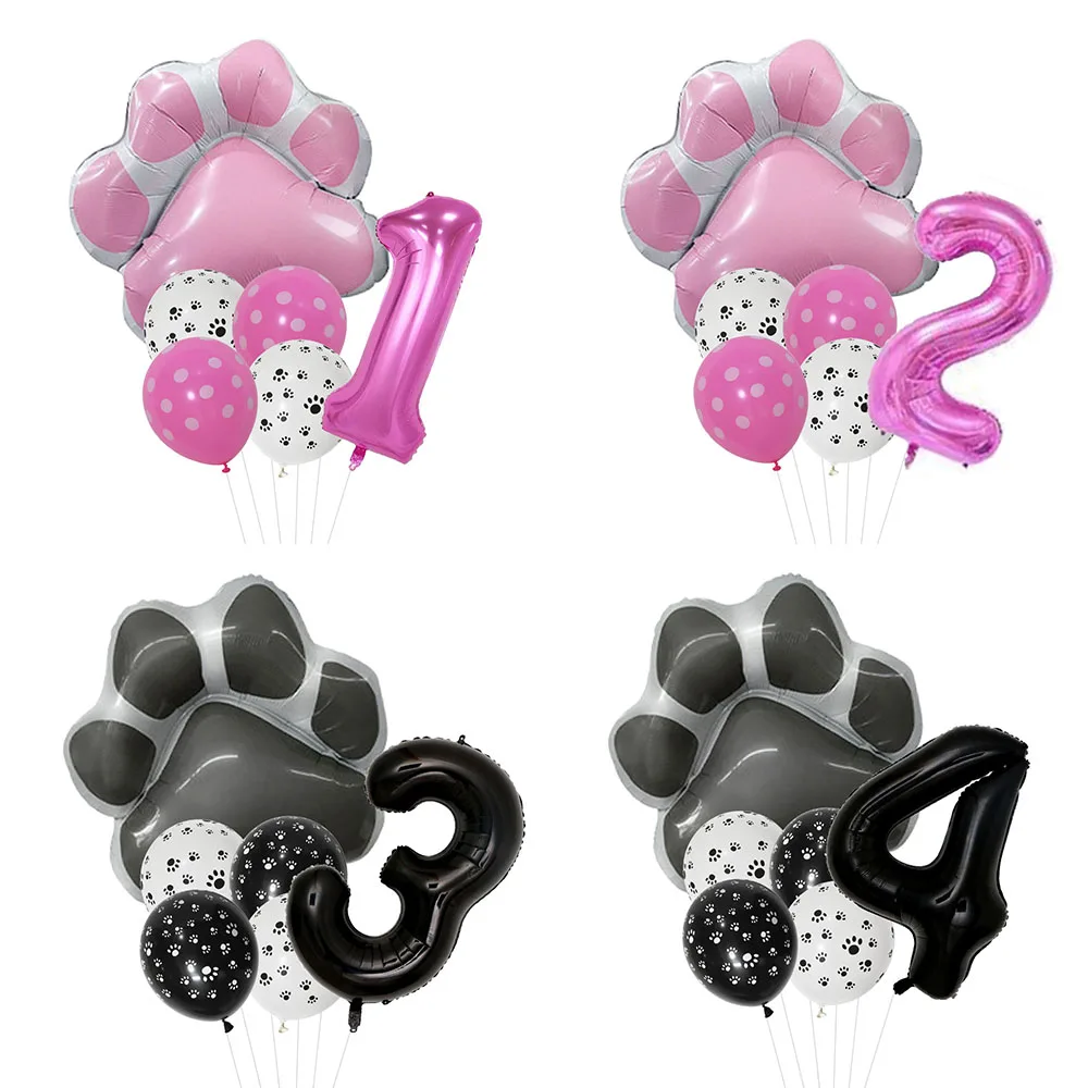 6pcs Animal Pawty Dog Cat Paw Aluminum Balloons Set 40 inch Pink Black 1 2 3 4 Year Birthday Party Decor Balloon Baby Shower