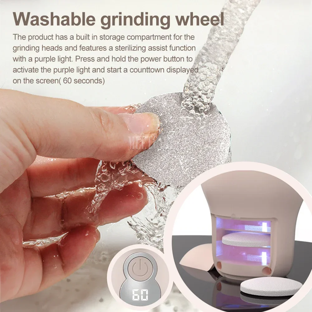 Mini Electric Pedicure Foot Grinder with LED Dry Peel USB Charging 3 Grinding Wheel Waterproof Foot Exfoliating Calluses Tool 4