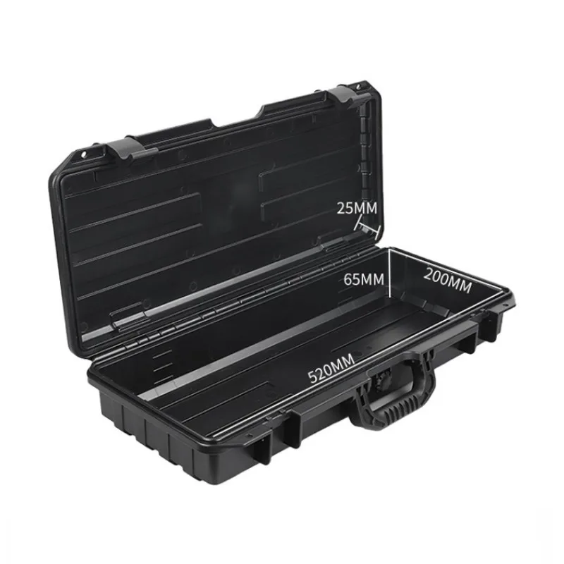Caisse à outils portable en plastique PP avec couvercle ouvert, mousse de protection découpée.