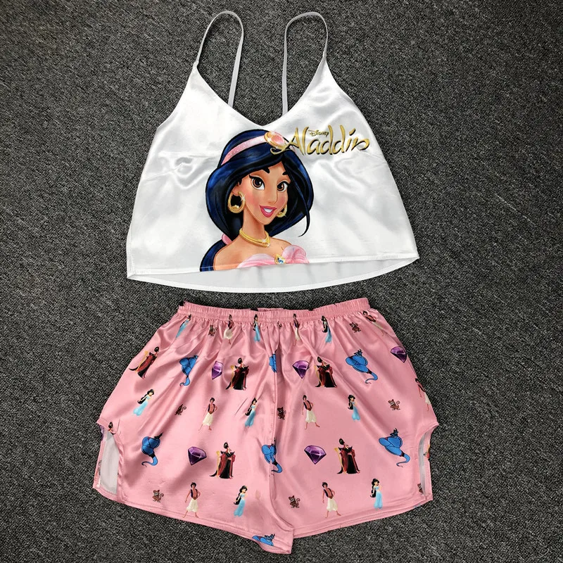 Sexy satin camisole shorts pajamas suit female imitation ice silk V-neck cool home clothes summer cartoon print girls sleepwear