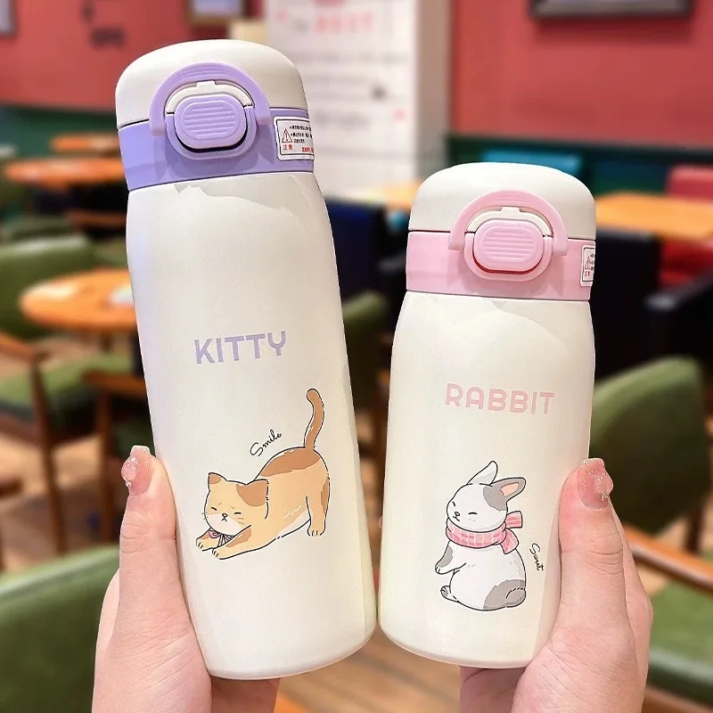 350ml/500ml Cartoon Double Stainless Steel Vacuum Flask Straw Portable Cute Kids Student Thermos Mug Travel Tumbler