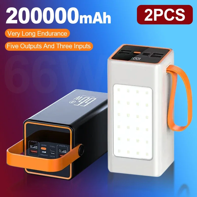 

2PCS power banks 200000mAh High Capacity 66W Fast Charger Waterproof Rechargeable Battery For Mobile Phone Camping LED Light