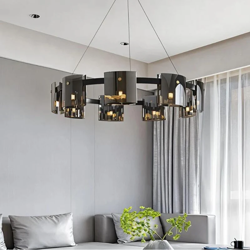 

Kobuc Luxury Smoke Grey Chandelier Lighting Amber Glass Living Room Decoration Light Fixtures Round Chandeliers Kitchen Lights