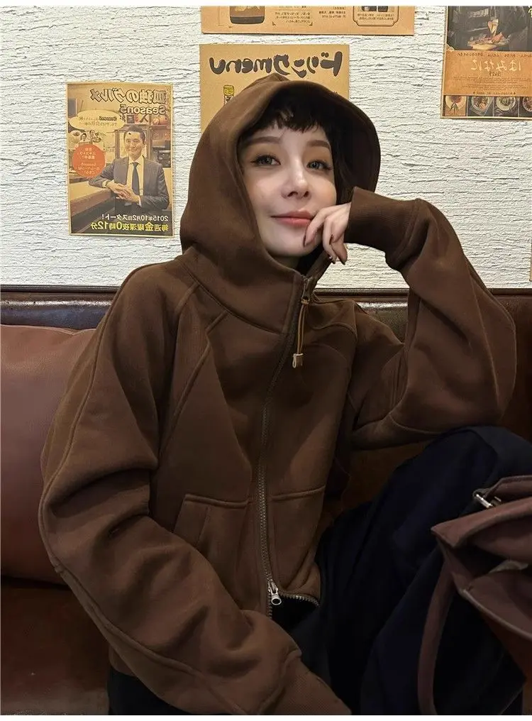 Women Solid Hoodies Fleeced Short Sweatshirts Long Sleeves Hooded Double Zipper Loose Fit Office Lady Elegant Casual 2026 Spring