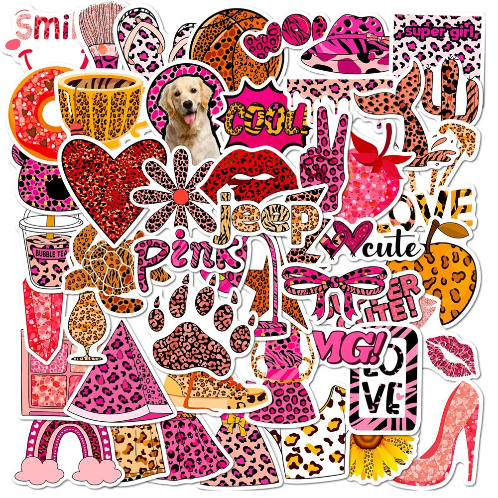 

10/30/50PCS New Pink Leopard Simple Ins Sticker Cartoon Creative iPad Luggage Car Guitar Laptop Decoration Waterproof Wholesale