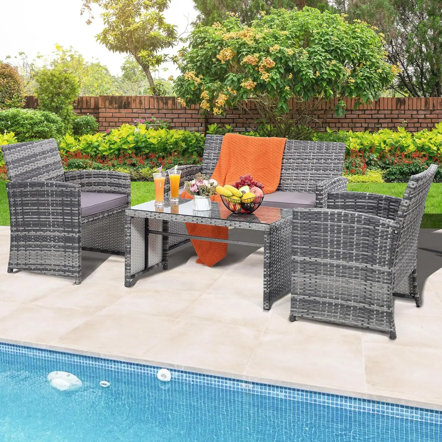 4 Pieces Rattan Patio Furniture Set,Outside Sectional Conversation Cushioned Sofa Set, Wicker Sofa Ideal