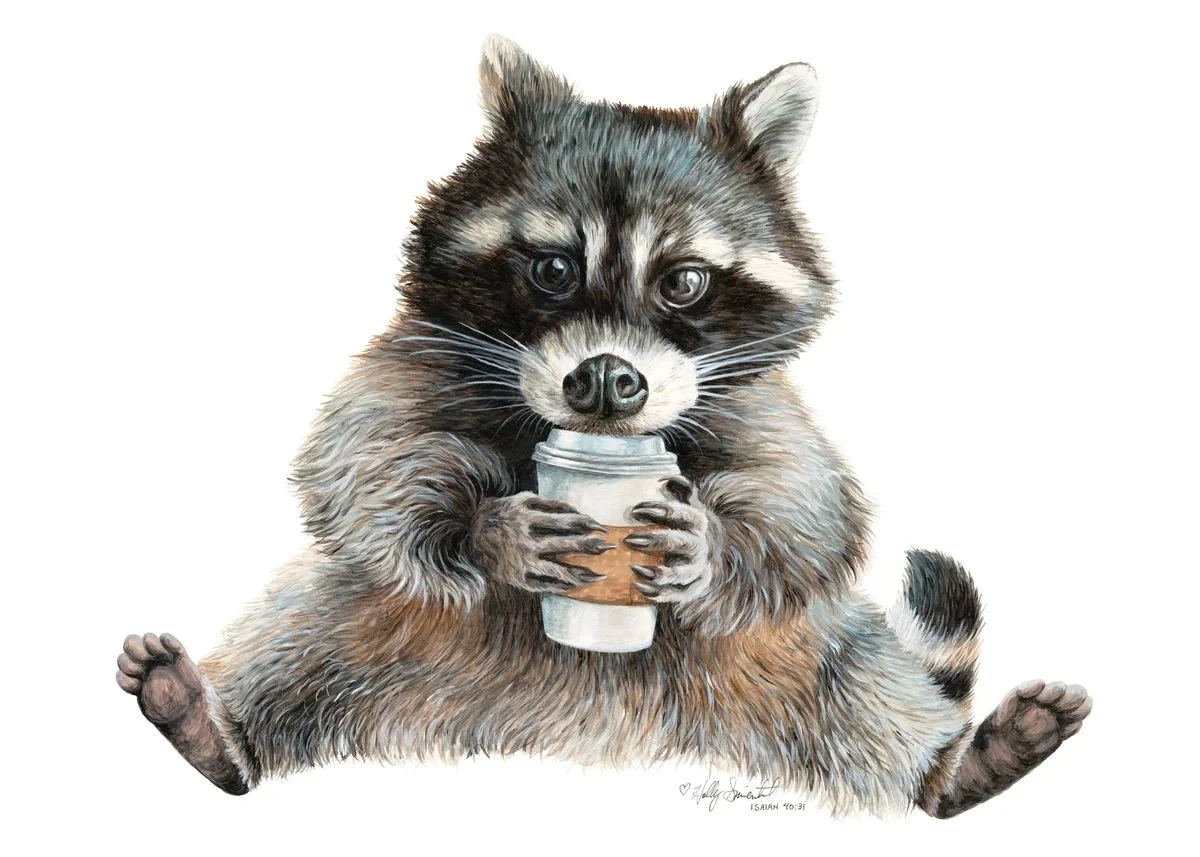 thumbnail image 1 of Póster de oso, camello, bisonte, zorro, mapache, animal que sostiene una taza de café, pintura en lienzo, arte de pared moderno, imagen para decoración del hogar y la cocina, 1 of 5