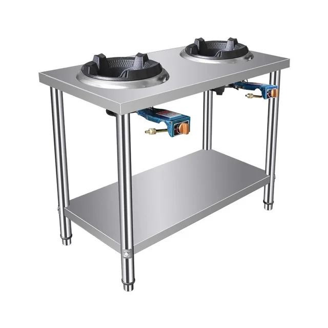Stainless Steel Fierce Fire Stove Commercial Restaurant Cooktop Liquefied Gas Natural Gas Double Stove with Rack Operating Table