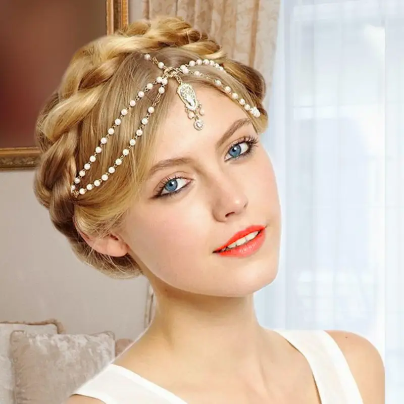 

Boho Bridal Rhinestone Hair Chain Headpiece Jewelry Bohemian Hair Accessories With Pearl Women Girls Gold Forehead Chain