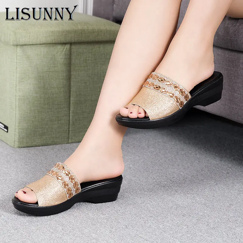 

LISUNNY Women Slippers Shoes Genuine Leather Slip on Outside Slides Ladies Rhinestone Wedges Summer Beach Thick Sole Flip Flop