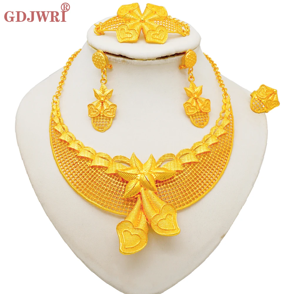 

France Ethiopian Gold Color Jewelry Set For Women Dubai Bridal Wedding Necklace Bracelet Earrings Ring Set African Choker Gifts