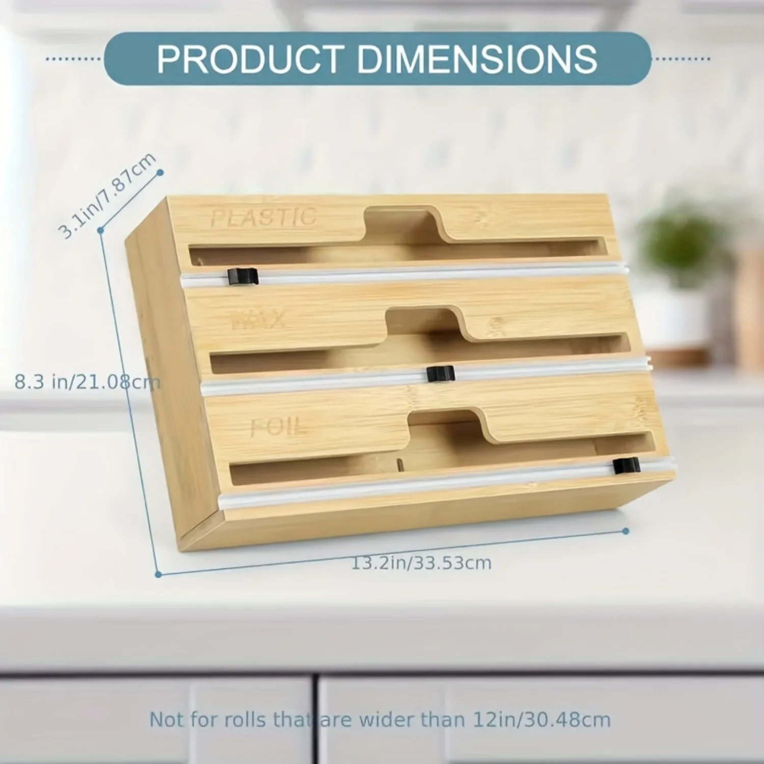 3 in 1 Wrap Organizer with Cutter and Labels, Plastic Wrap, Aluminum Foil and Wax Bamboo Dispenser for Organization Holder for