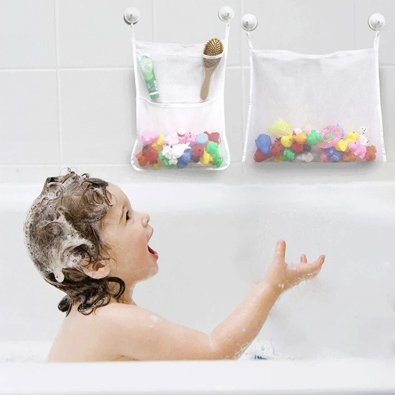 Bathroom Shower Products Drying Storage Strong Suction Cups with Hooks Baby Mesh Net Game Bag Multifunction Bath Toy Organizer