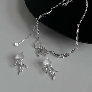 Gothic Silver Color Jellyfish Pendant Necklace for Women Y2K Aesthetic Tassel Link Chain Choker Necklace Party Fashion Jewelry