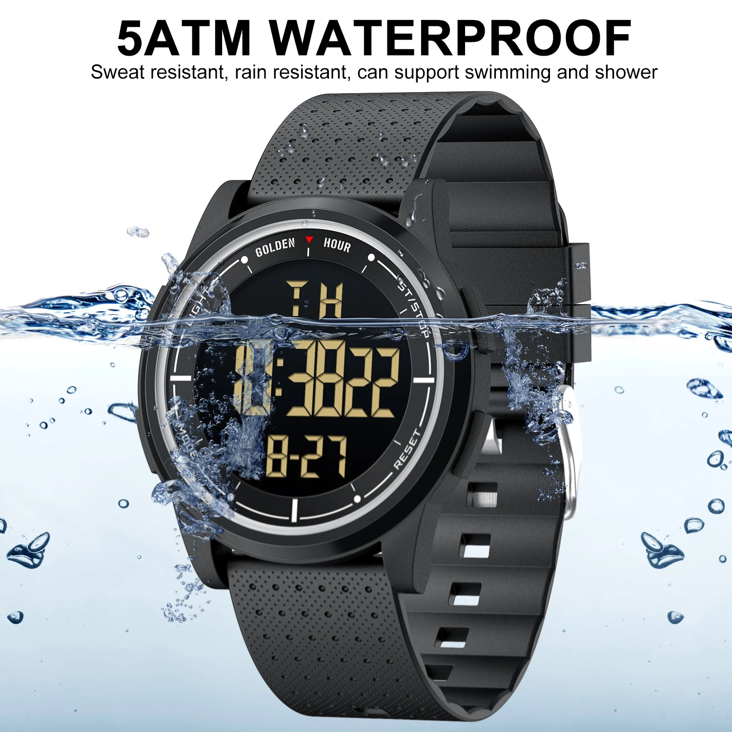 GOLDENHOUR Fashion Outdoor Sport Watch Men Multi-functional Alarm Clock Chrono 5Bar Waterproof Digital Watch Silicone Strap - Image 2