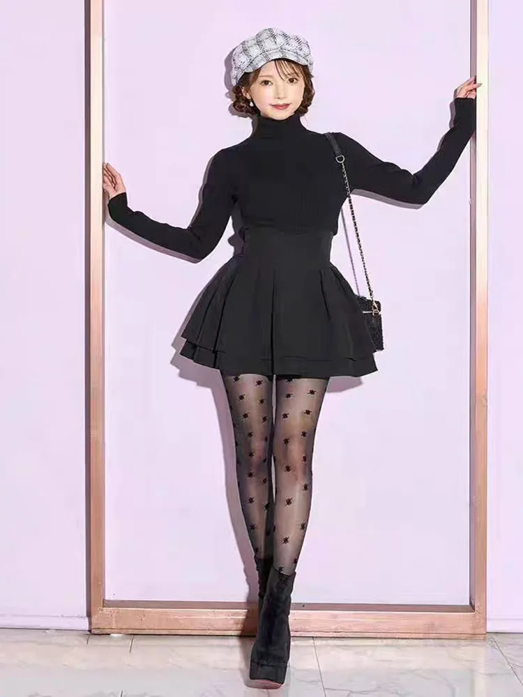 Japanese Style Lolita Black Skirts Women Spring Autumn New Elastic Waistline Slim Short Pleated Female Mini Culottes Cute Girl - Image 3