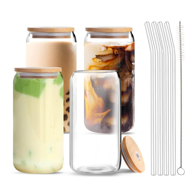 Beer Can Glass with Bamboo Lids and Glass Straws 4 Pack 16Oz