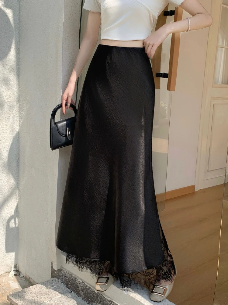 Elegant Lace Splicing Satin Side Slit Women's Midi Skirt - Slim High-End Fashion