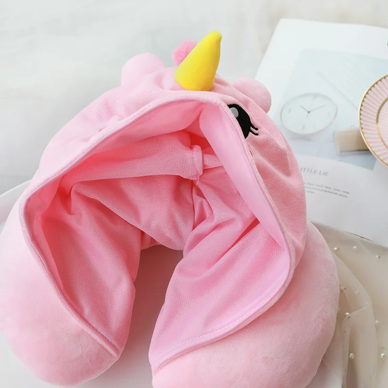 25 Kinds Cartoon U Shape Hoodie Travel Pillow Neck Cushion For Sleep Kawaii Animals Hooded Pillows For Airplane Home Textile