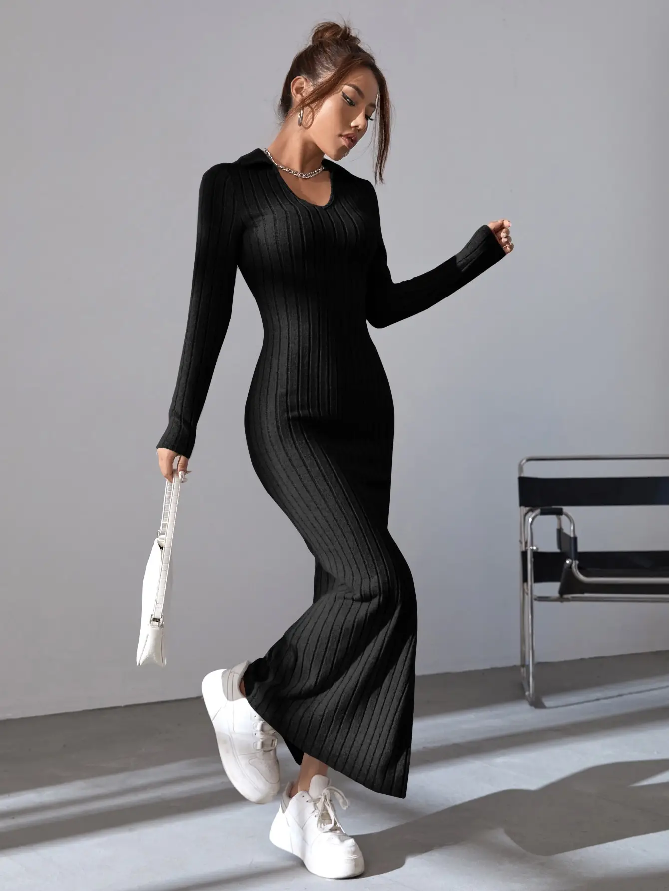 Black Temperament Pit Strip Slimming Dress Autumn/Winter Casual Waist Wrap With Hip V-neck Knit Dress 3