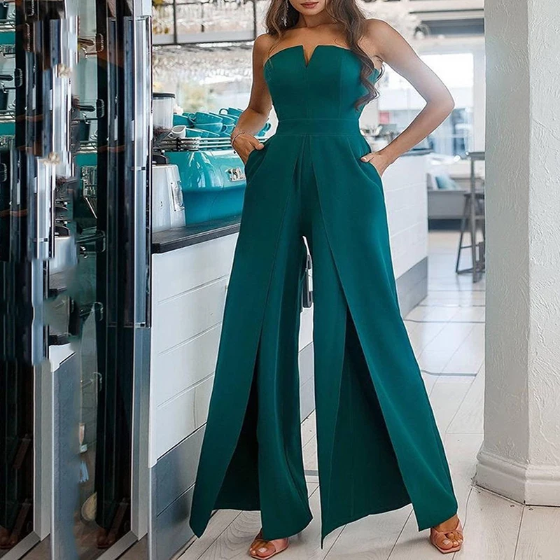 

Women Solid High Waist Straight Jumpsuits Spring Slash Neck Backless Hollow Rompers Summer Wide Leg Slit Pants Playsuit Overalls