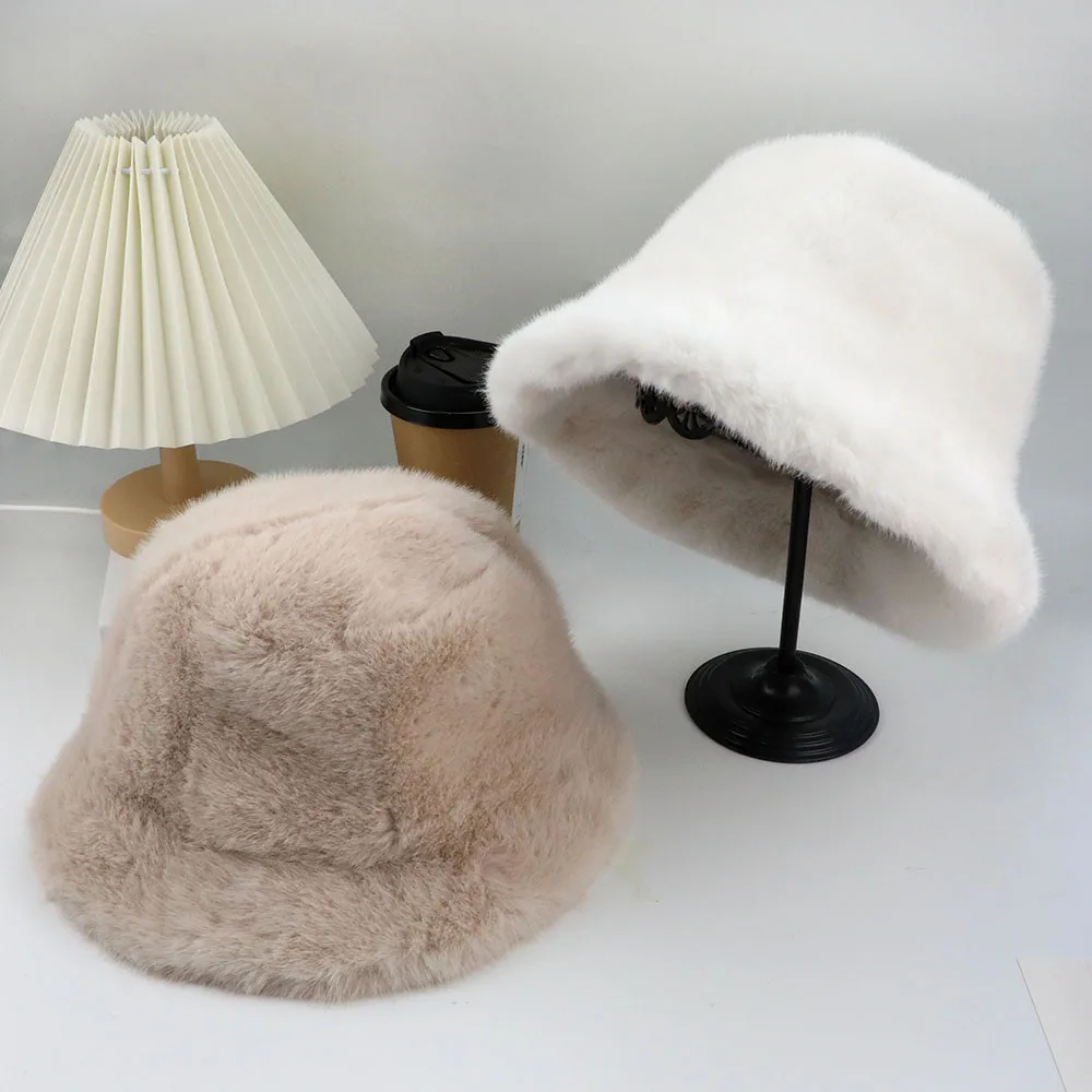 Fluffy Fur Fisherman Hat For Women Winter Plush Ear Protection Cap Windproof Warm Female Panama Caps Solid Fashion Bucket Hat 3