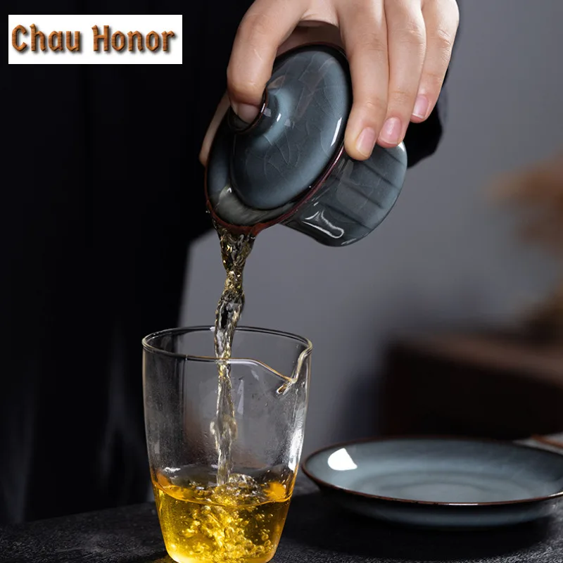130ml Handmade Iron Tire Ice Crack Glaze Gaiwan Celadon Tea Tureen Tea Bowl With Lid Kit Tea Maker Cover Bowl Tea Services Gift
