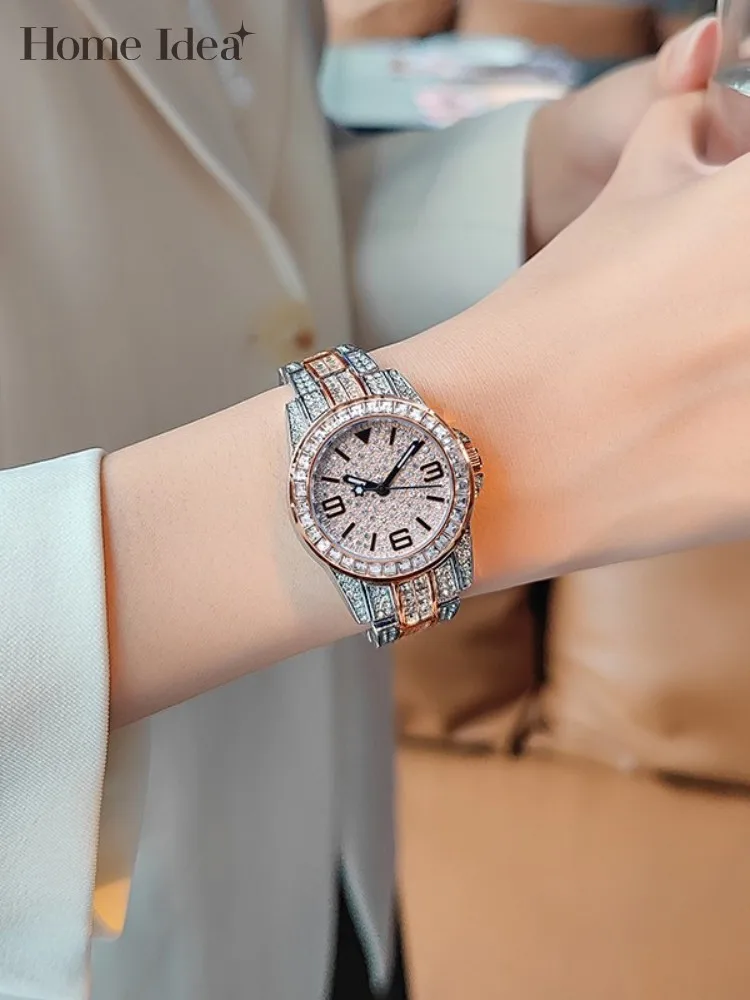 

Fashion Diamonds Women Quartz Watch Push Button Hidden Clasp Designer Round Office Ladies Wrist Watch