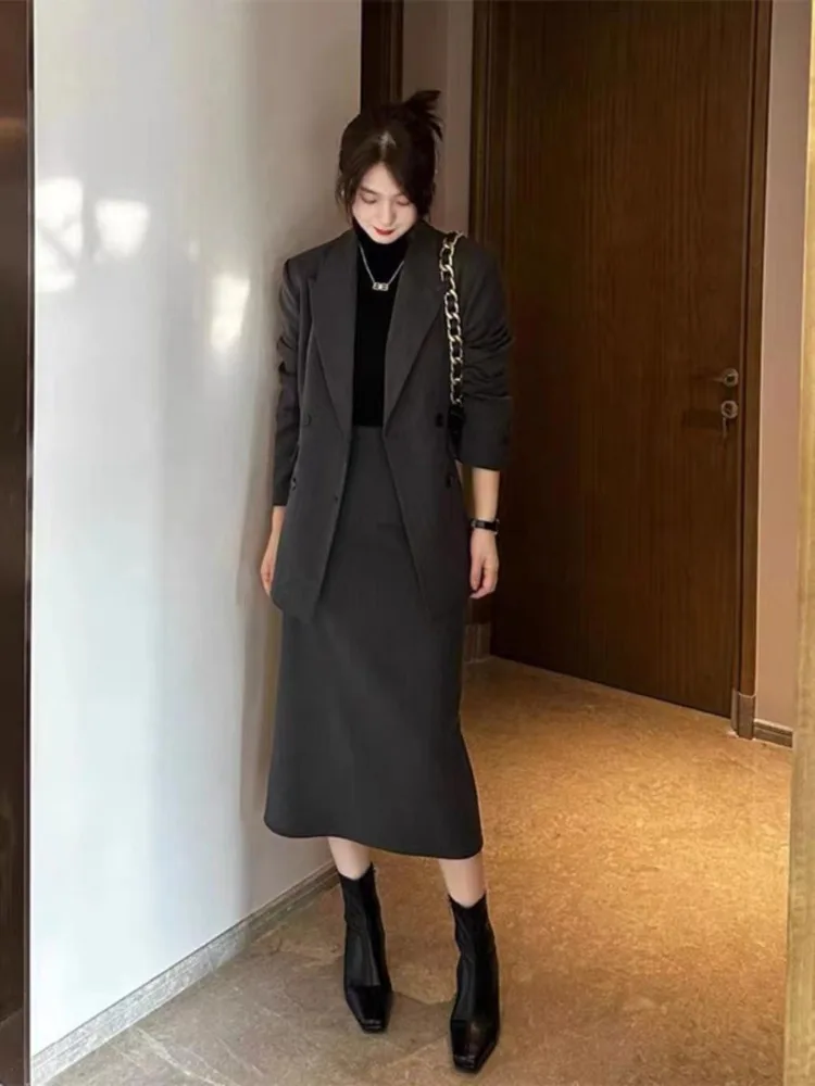 

2023 Autumn and Winter Women Suit Jacket Skirt Set Light Mature Style High-grade Slim Office Lady Blazer Skirt Two-piece Suit