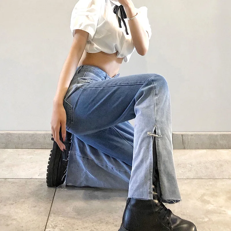 Spring and Summer Style Worn Buttons Women's Loose High-waisted Street Fashion Gradient Split Straight Jeans Women's Clothing