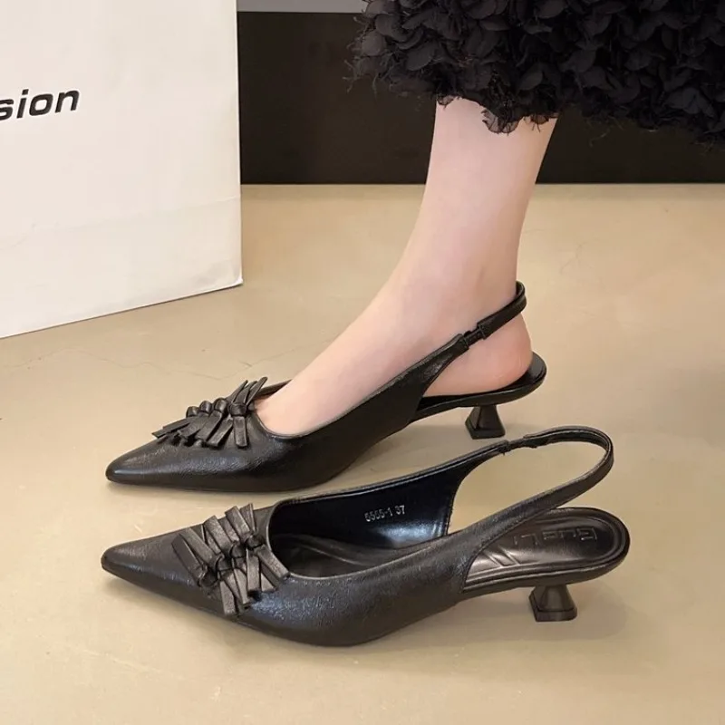 SUOJIALUN Autumn New Women Sandal Fashion Pointed Toe Pleated Ladies Elegant Dress Slingback Shoes Shallow Thin High Heel Pumps