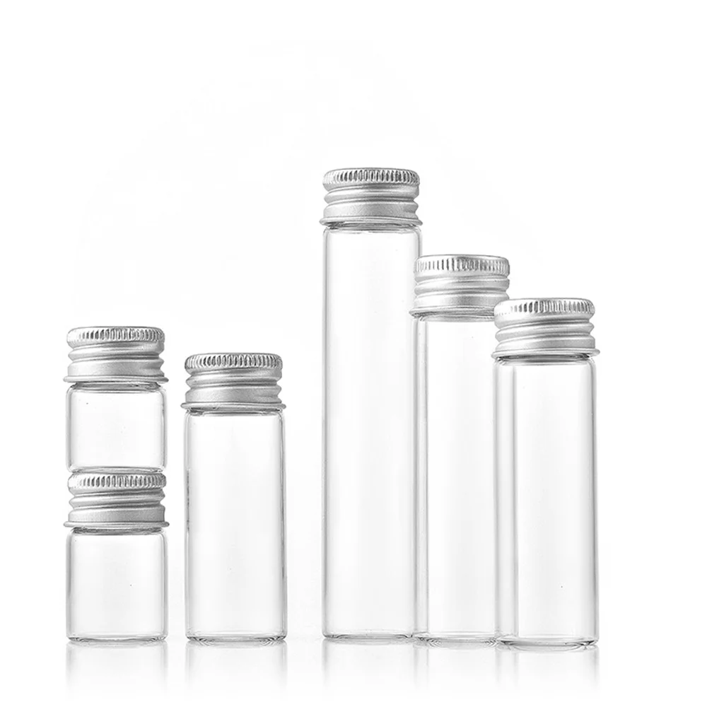 15/25/60/80/100ml Mini Clear Glass Bottles Screw Top Aluminum Lids Sealed Container Sample Capsule Tube Jars Transparent Vial 4