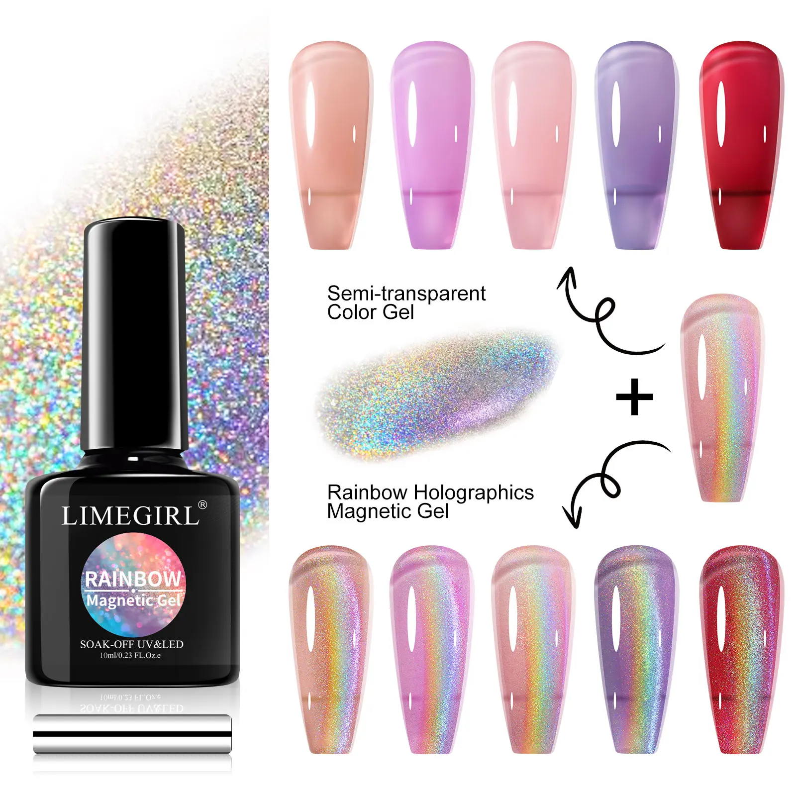 LIMEGIRL Colorful Cat Eye Magnetic UV Gel Nail Polish Set Nail Art Glitter Gel Varnish Semi-Permanent Soaking UV Gel Varnish 3