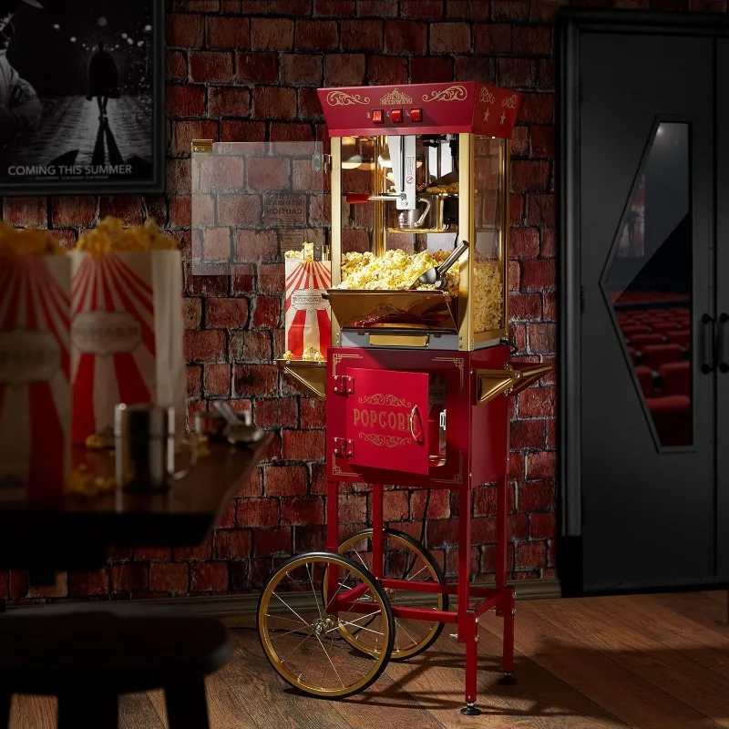 Movie Theater-Style Popcorn Machine Maker with Cart and 10-Ounce Kettle - Red, Vintage-Style Popper on Wheels 6