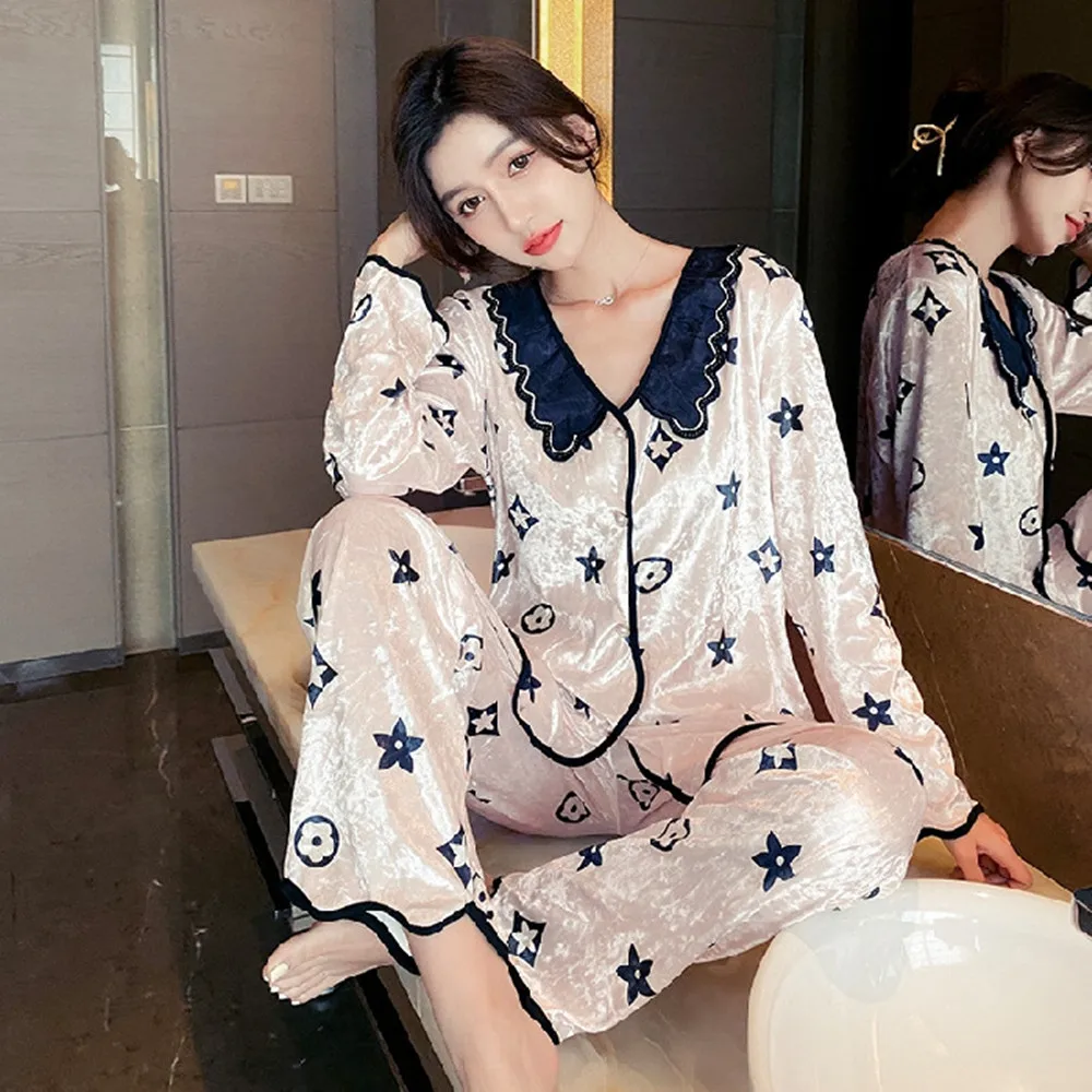Golden Velvet Sleepwear Korean Style Set Clothes For Women Nightwear For Ladies Long Sleeve Pyjama Suit Nightie Loungewear