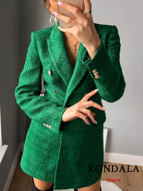 KONDALA Office Lady Blazer Green Solid V Neck Double Breasted