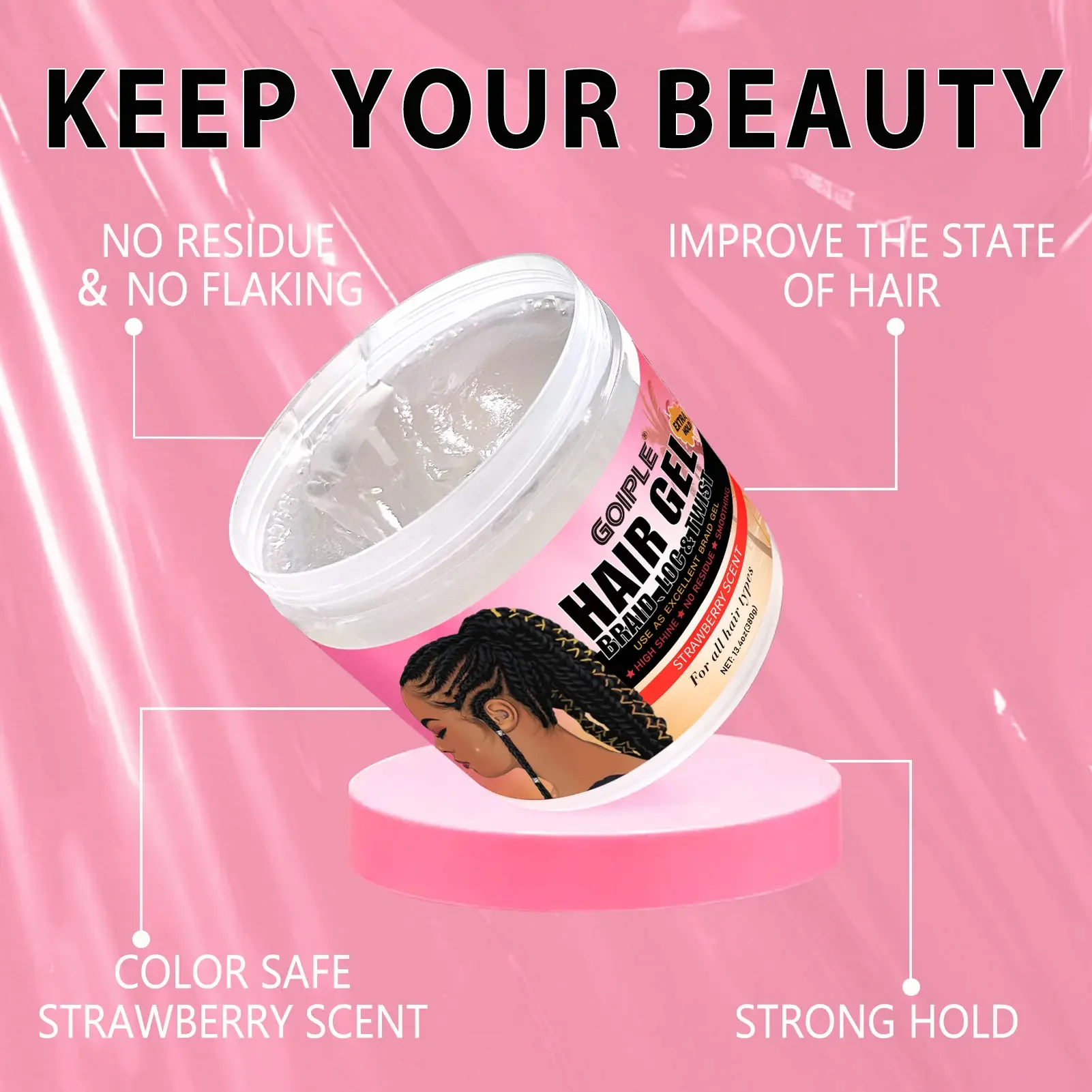 Strawberry Scent Hair Styling Gel High Shine Smooth Braid Twist Strong Hold Long Lasting Non-Flaking 380g