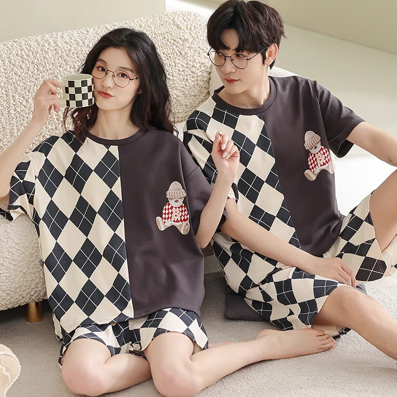 2023 Summer Korean Style Couple Pajamas Bear Printing Household Women's Clothes Pajamas Cotton Material Loungewear Sleepwear Men