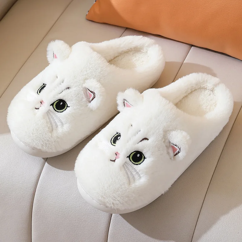 Women Slipper Autumn Winter Cute Cartoon Cat Home Slippers Men Warm Plush Slides Indoor Bedroom Anti-Slip Floor Couple Slipper