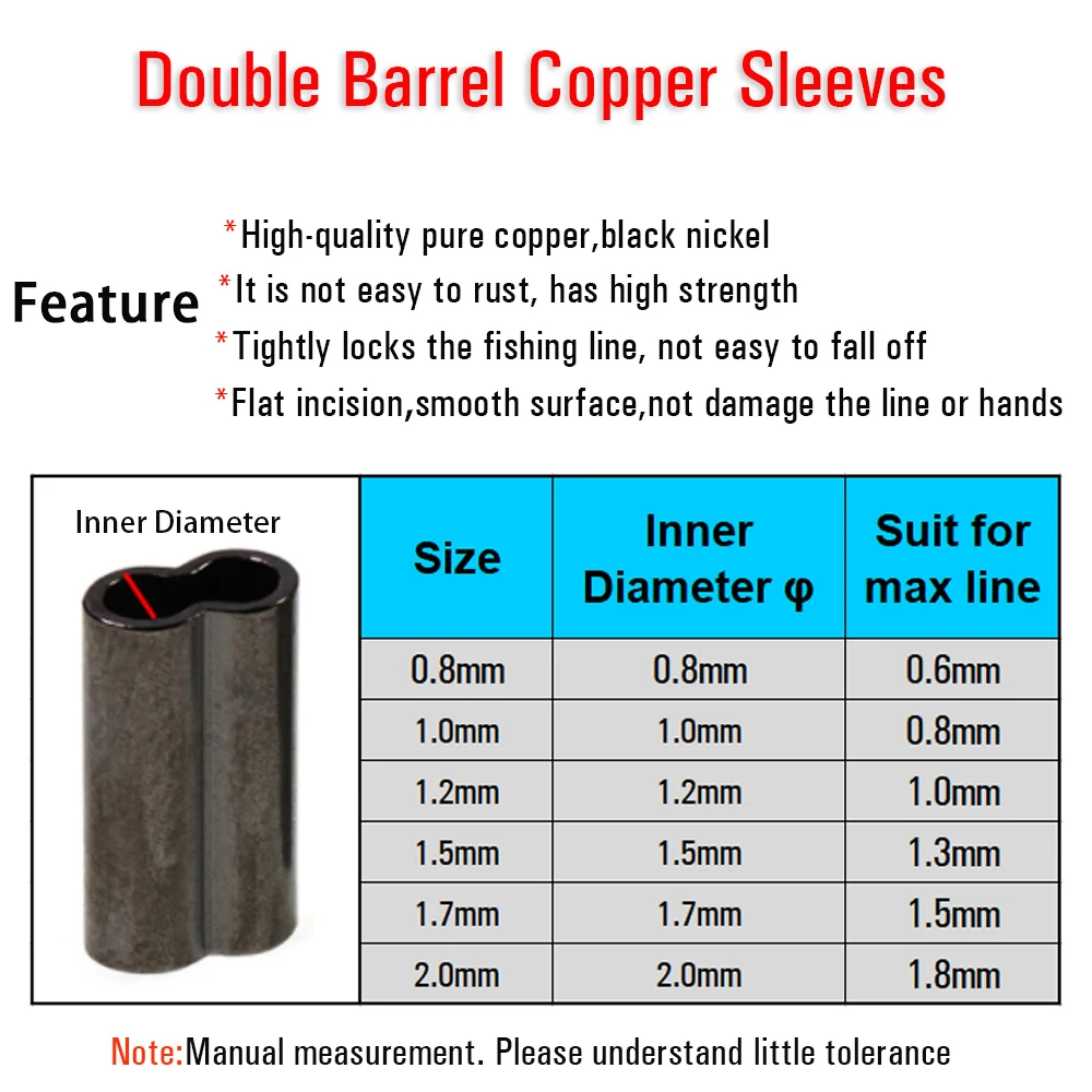 ICERIO 100PCS Copper Double Barrel Crimp Sleeves for Monofilament Fishing Leader Line 0.8mm 2.0mm ID Wire Rig Terminal Tackle Fishing Accessories Fishing Tackle Fishing Tools Fishing Tool Fishing Line Connectors Cable Crimps Sleeves