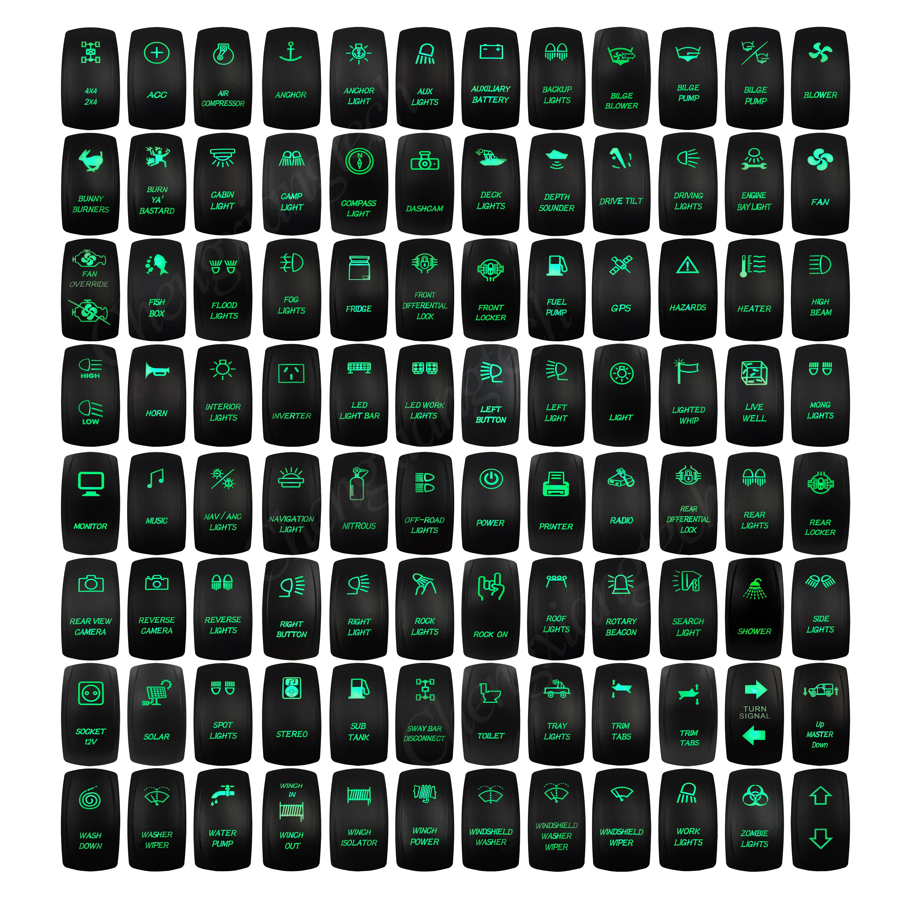 Boat Car Rocker Switch 12V/24V Waterproof Green Led SPST DPDT 20A for ARB/CARLING/NARVA/4x4 Truck JCB Machine Replace 111 Logos, rocker switch