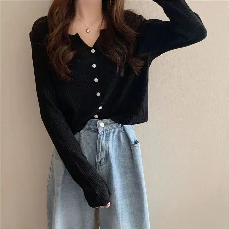 2024 New Summer Elegant Fashion High Waist Loose Casual Women's Shirt Office Lady Knitting Button V Neck Long Sleeve Y2K Tops
