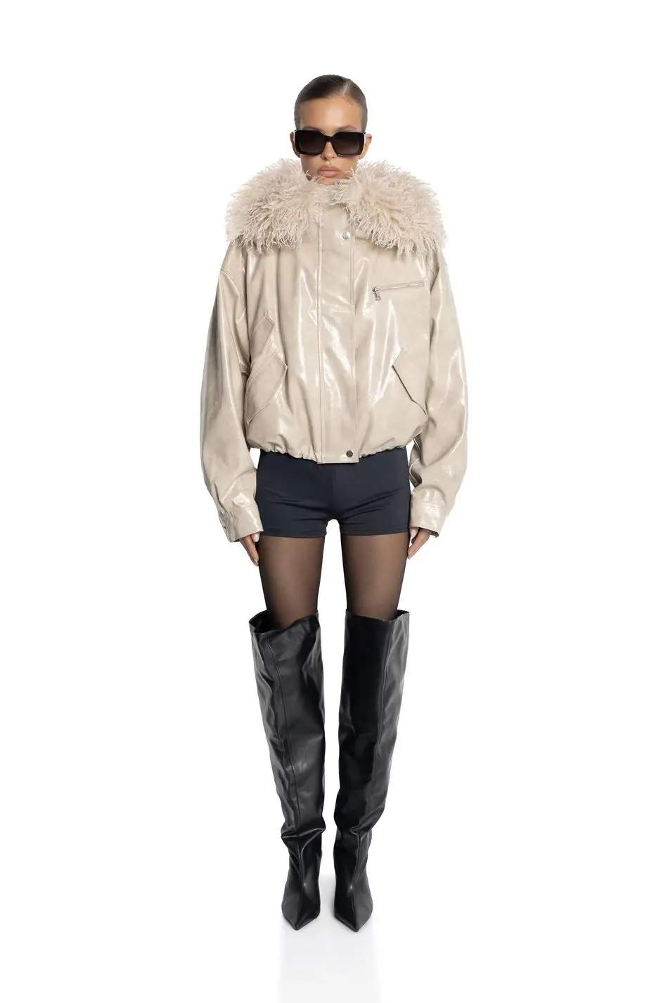 Laur 2026 Women Faux Leather Short Jacket With Fluffy Big Fur Collar Oversized Warm Winter Biker Coat For Ladies