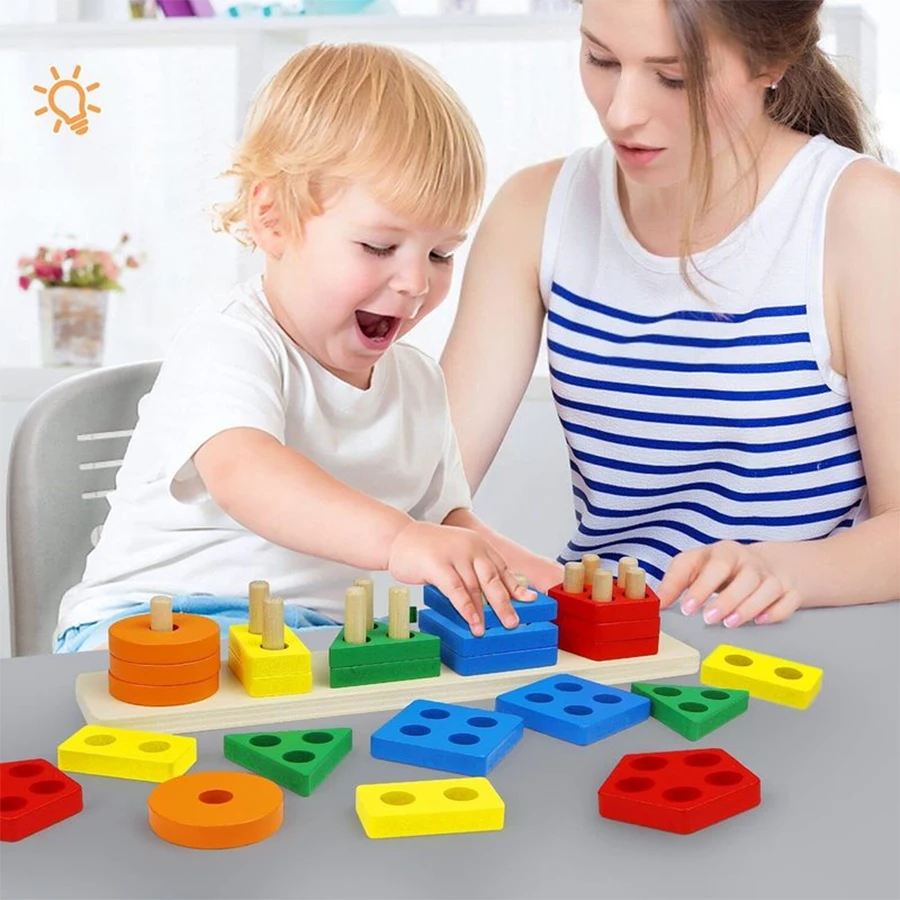 Montessori Wooden Geometric Shape Five Sets of Columns Blocks Assembling Children's Enlightenment Early Education Puzzle Toys 6