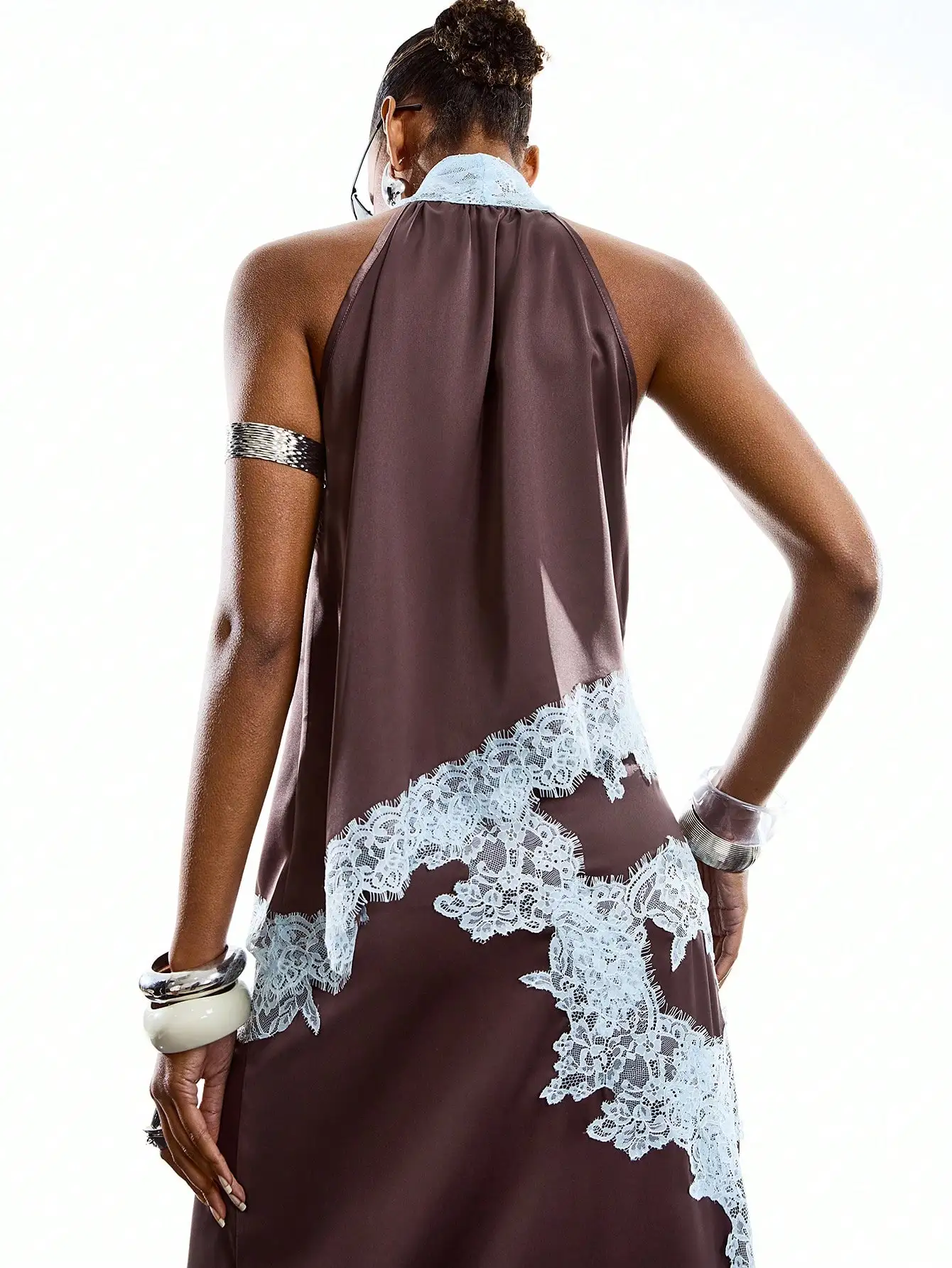 Women's Lace Patchwork Asymmetric Hem Sleeveless Halter Dress Spring Summer Casual Resort Wear